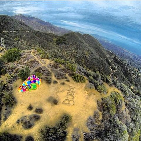 Drone shot of my Yarnbomb of the massive Boulder atop Saddlerock Trail in the mountains of Santa Barbara in 2013.