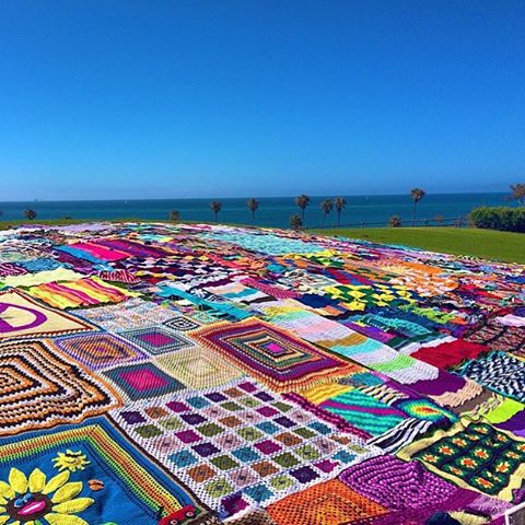 My Yarnbomb Arsenal: 4,500 square feet of knitted and #crocheted fiberart spread out at SBCC in Santa Barbara. In addition to my own work, contributions have come from 656 artists in 41 countries and all 50 US states.